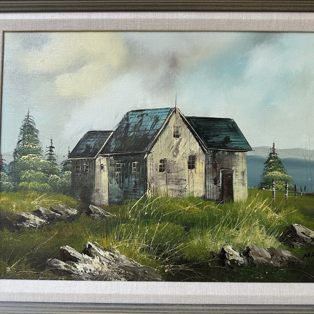 Vintage Original Oil Painting 22"x19" Mountain Cottage Landscape Framed Signed
